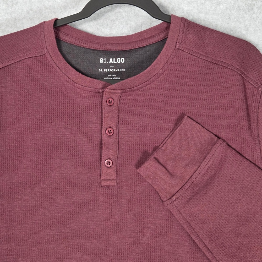 01.Algo Mens Medium Henley Performance Shirt Burgundy Maroon Long Sleeve Waffle